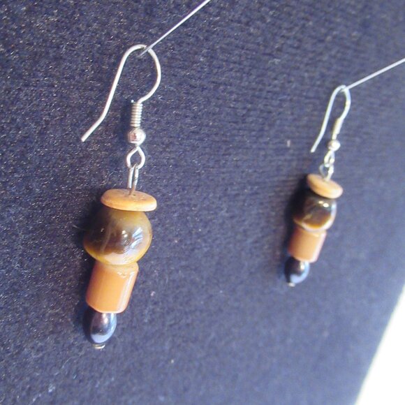 Boho Hippie, Tiger's eye & bead bracelet, earrings, set. Brown, Vintage, - Picture 3 of 8